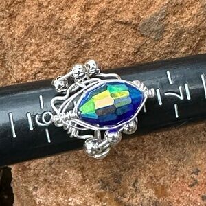 Silver and Blue Czech glass Wire-Wrapped Ring